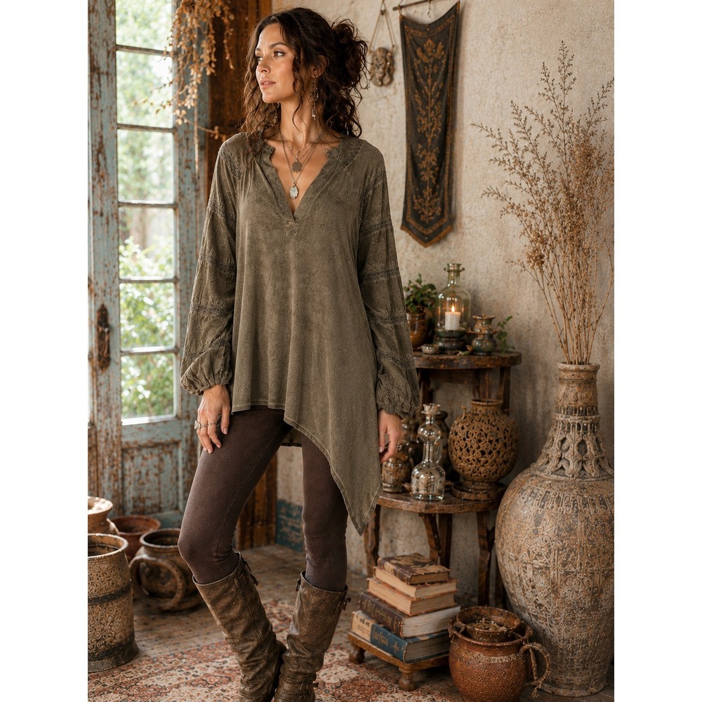 XCVI Wearables Asymmetrical Tunic Top S Green Brown Boho Lagenlook Prairie